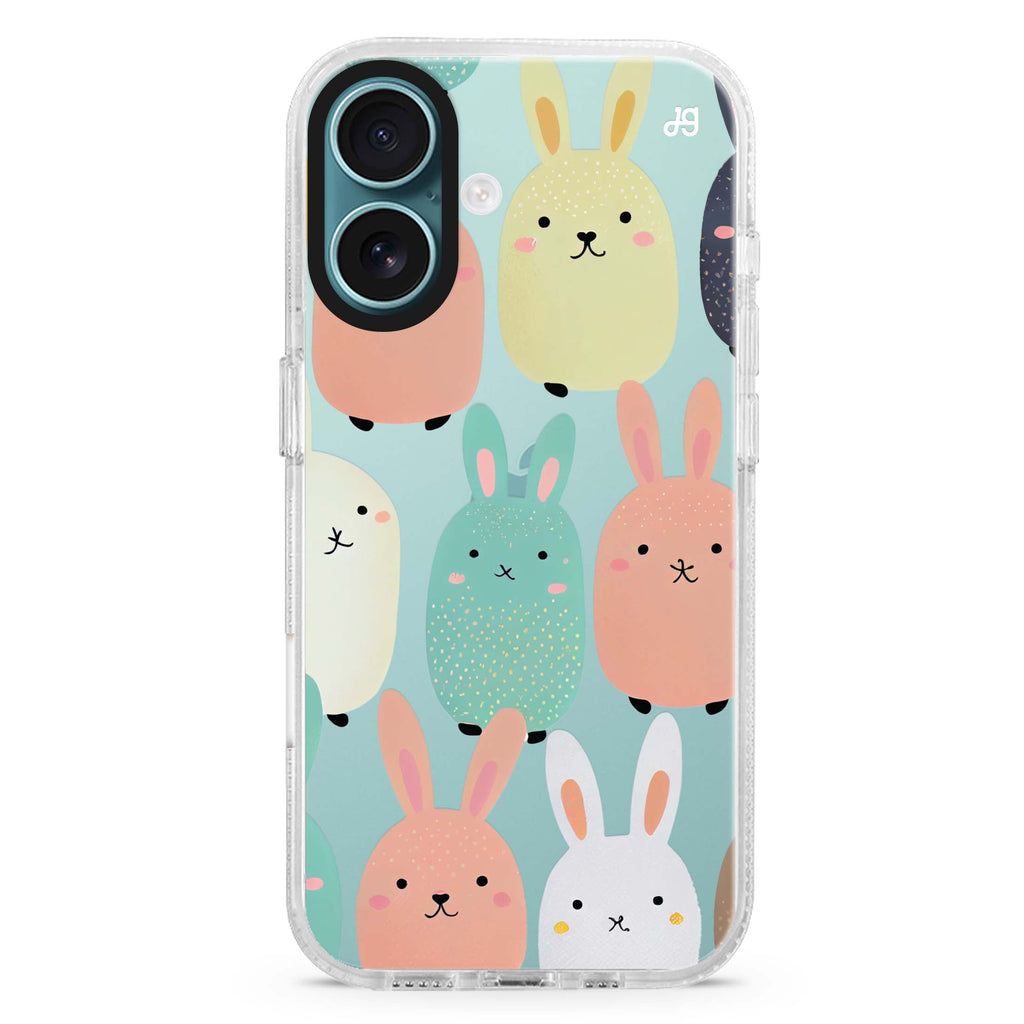 Cute Bunny iPhone 16 and 16 Plus ultra clear case, transparent animal artwork, front product view
