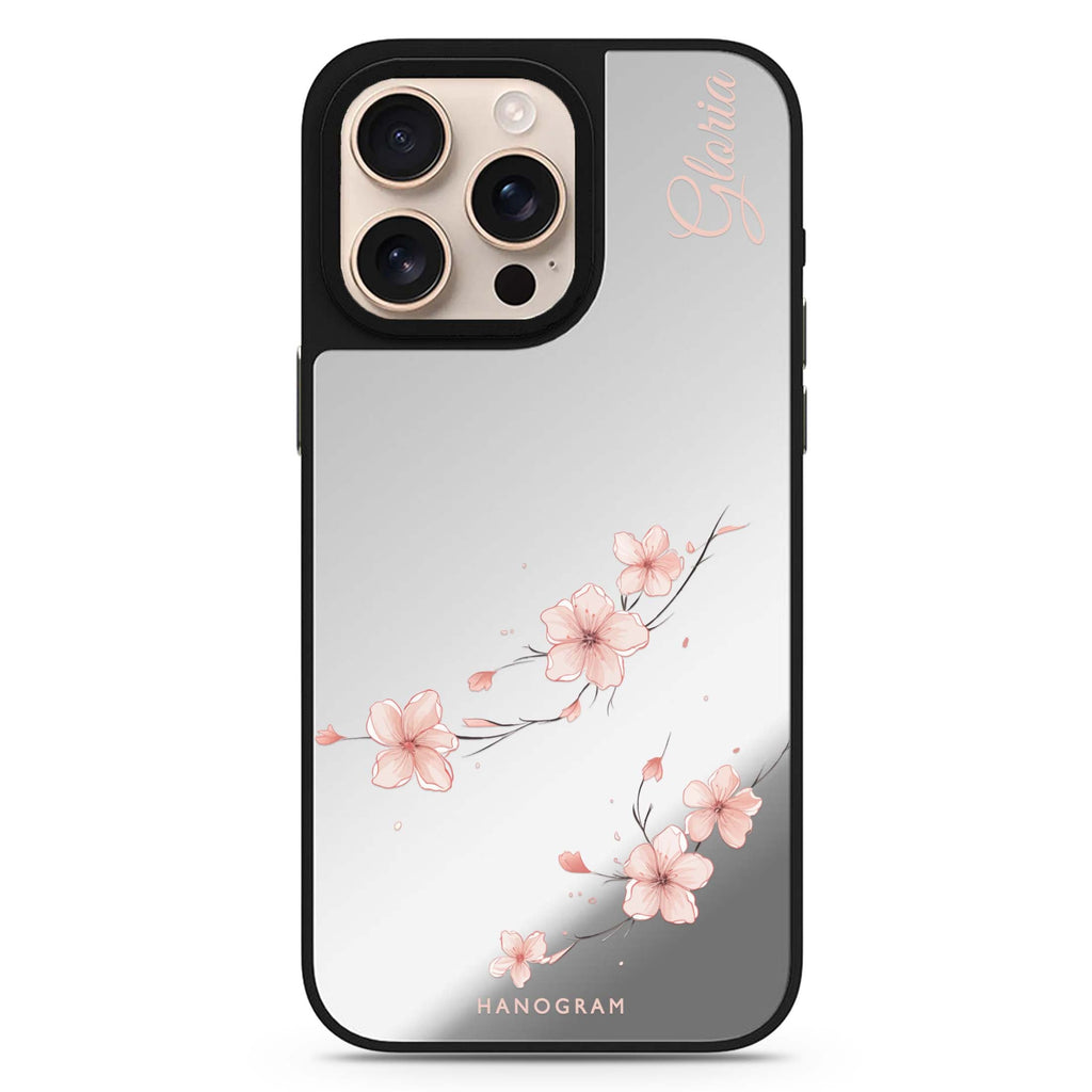 Sakura Spirit personalized name sleek reflective design iPhone 16/15/14 Pro Max & Pro mirror case