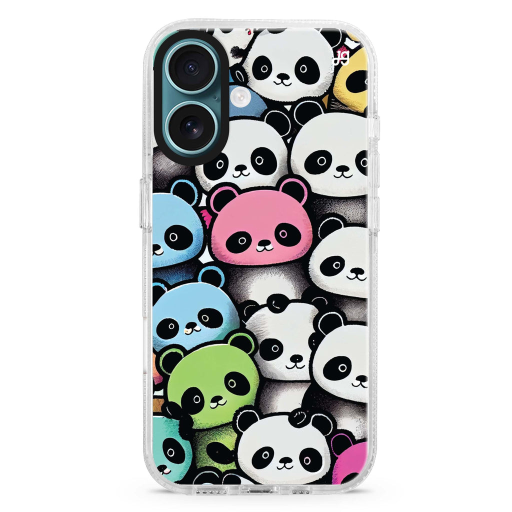 Cute Pandas iPhone 16 and 16 Plus ultra clear case, transparent animal artwork, front product view