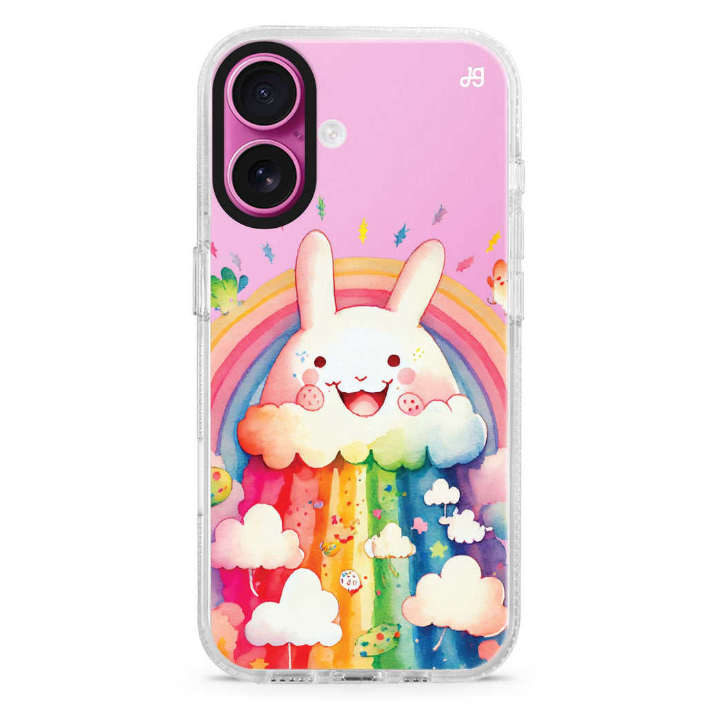 Rainbow Bunny iPhone 16 and 16 Plus ultra clear case, transparent animal artwork, front product view