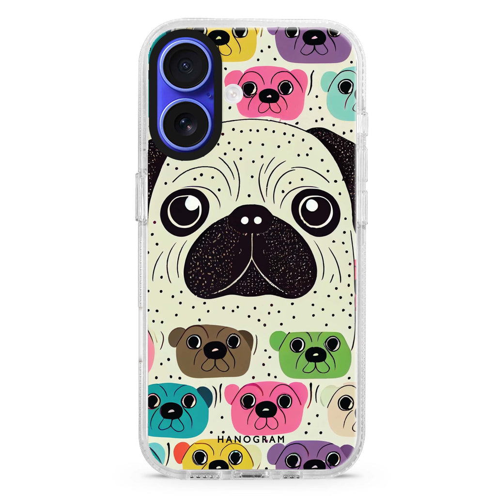 Pug Face iPhone 16 and 16 Plus ultra clear case, transparent graphic artwork, front product view