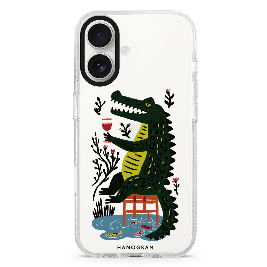 Crocodile in Still Life iPhone 16 and 16 Plus ultra clear case, transparent graphic artwork, front product view