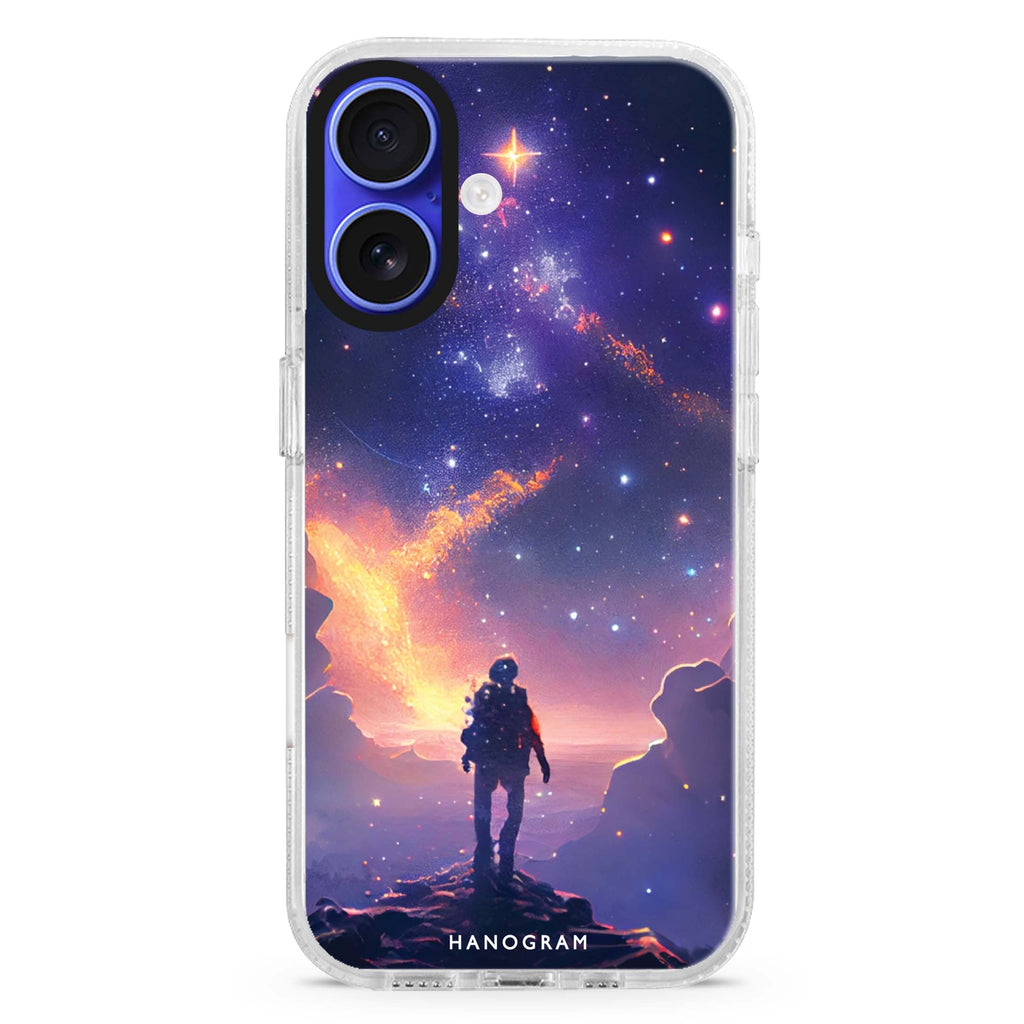 Imagine the Galaxy iPhone 16 and 16 Plus ultra clear case, transparent celestial artwork, front product view