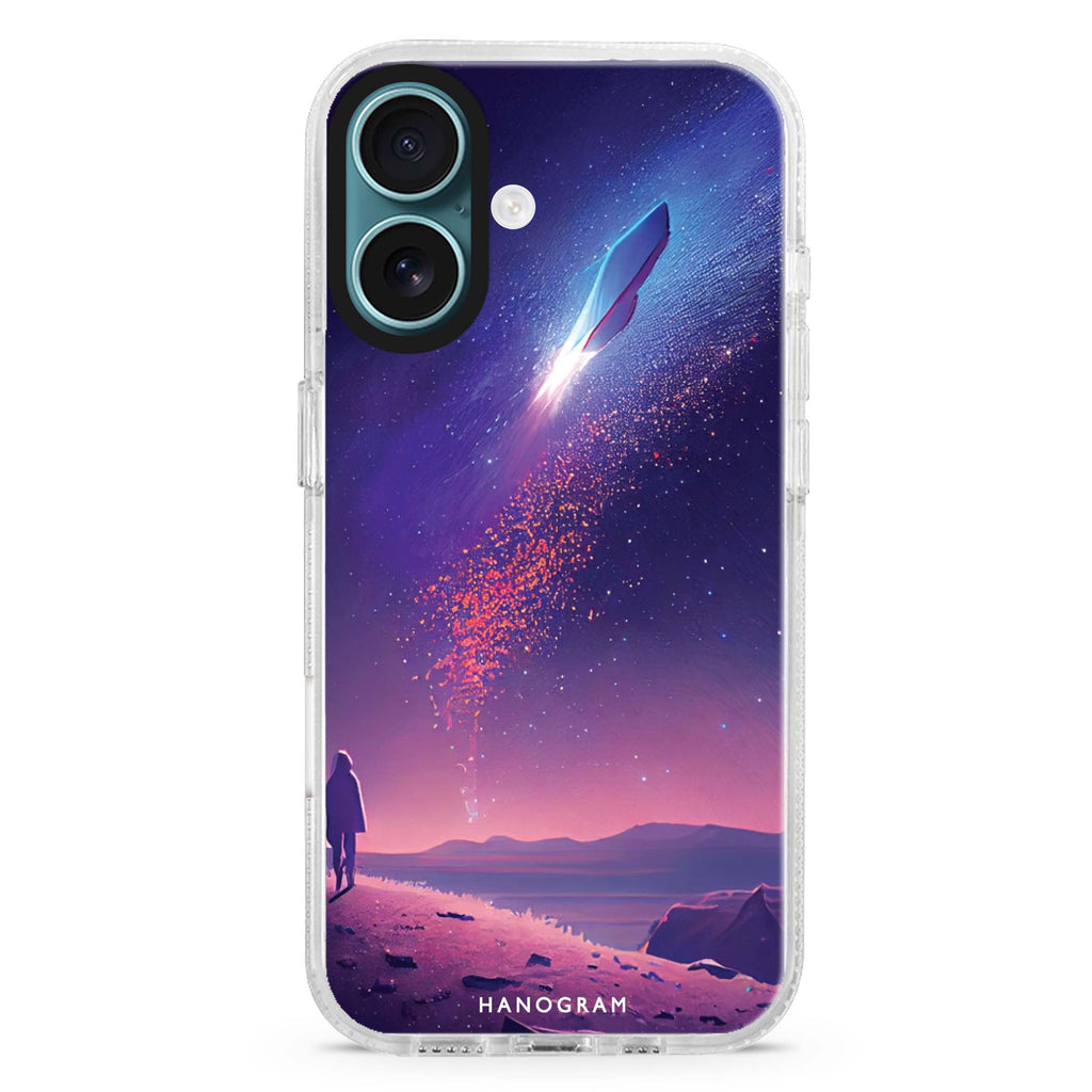 Imagine the Galaxy II iPhone 16 and 16 Plus ultra clear case, transparent celestial artwork, front product view