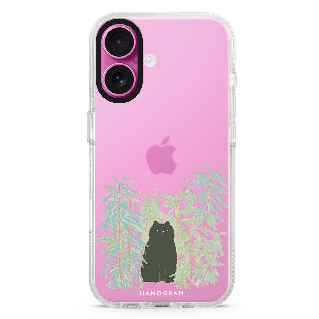 Bamboo Whiskers iPhone 16 and 16 Plus ultra clear case, transparent graphic artwork, front product view
