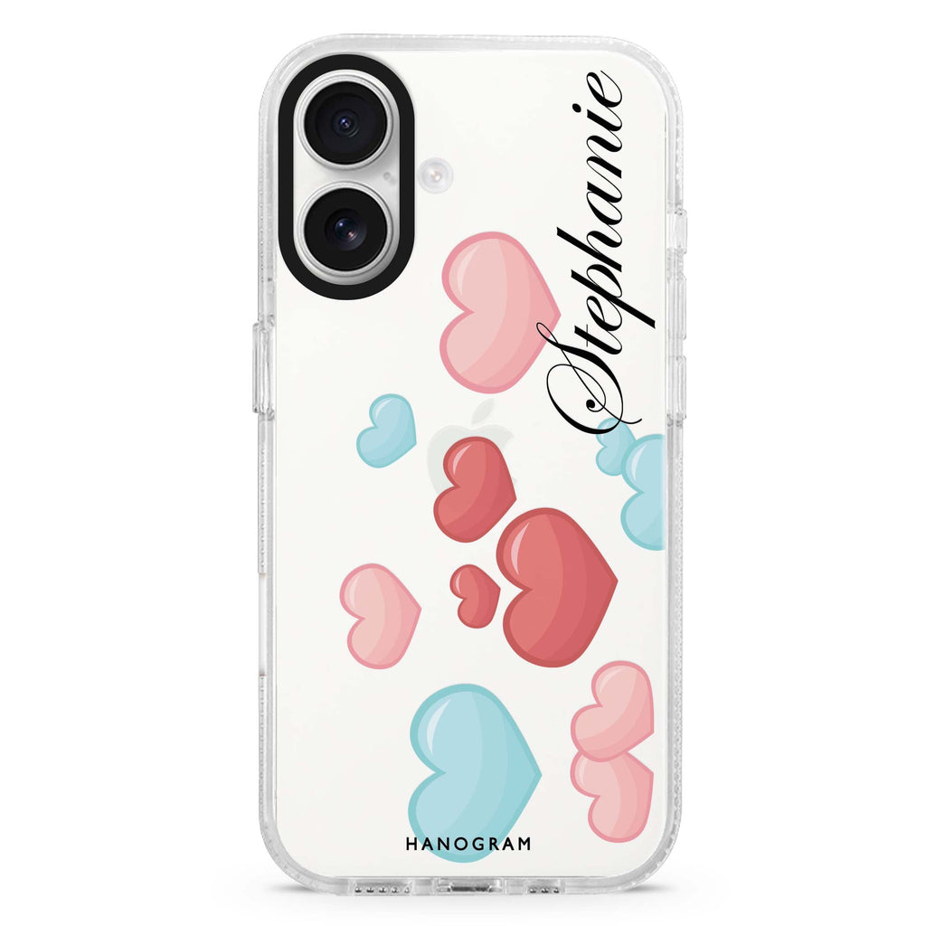 Full Love custom name iPhone 16 and 16 Plus ultra clear case, transparent romantic artwork, front product view