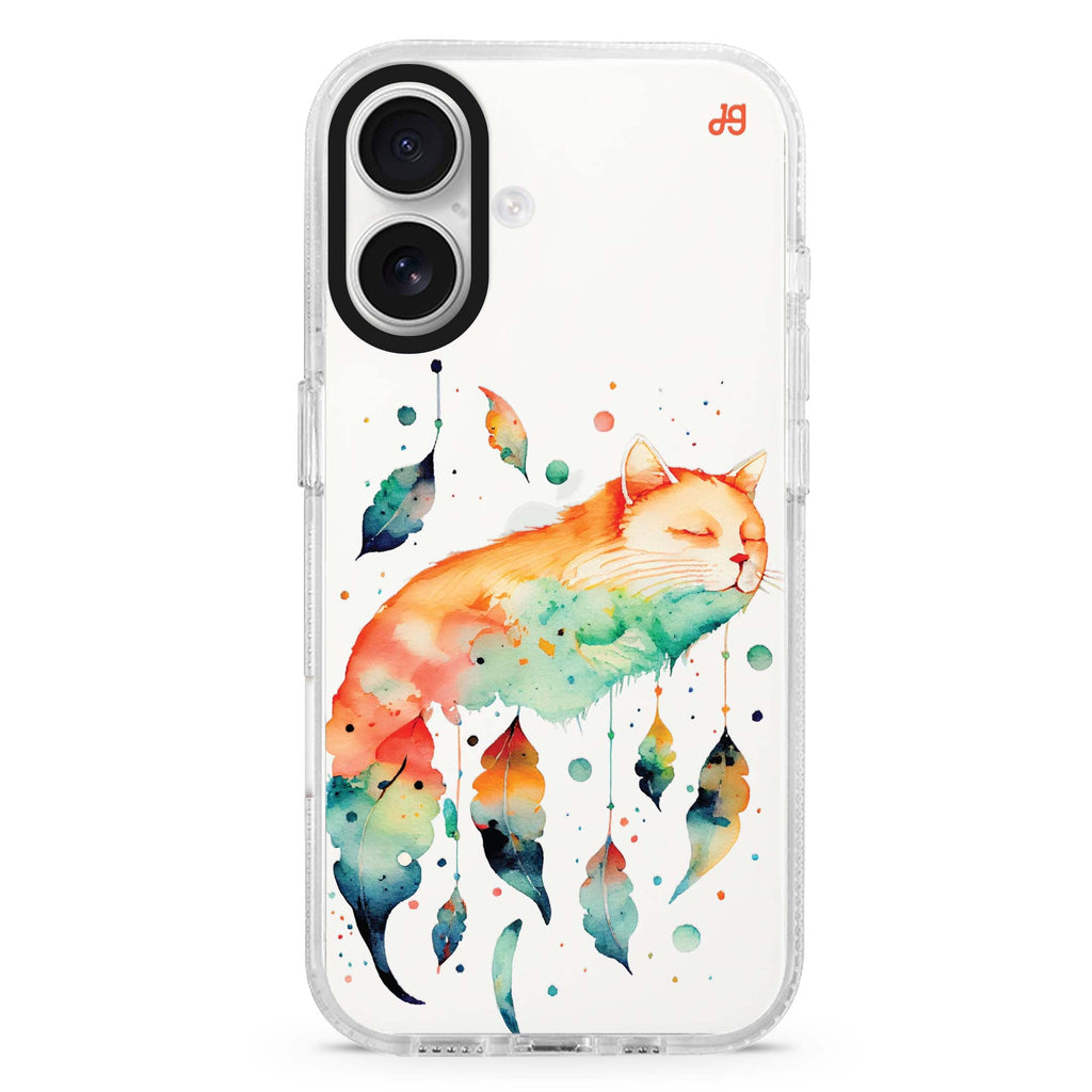A Dream Cat iPhone 16 and 16 Plus ultra clear case, transparent cat artwork, front product view