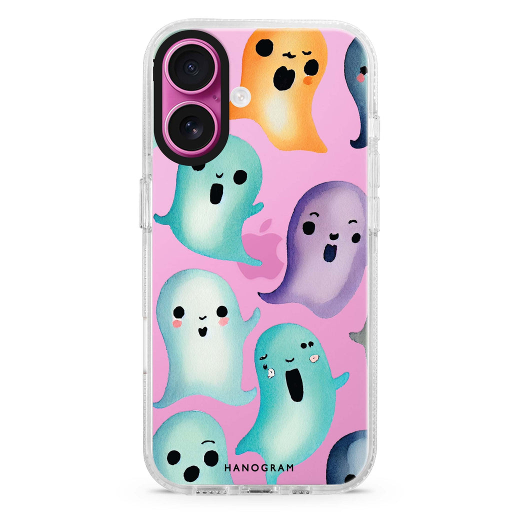 Cute Ghost iPhone 16 and 16 Plus ultra clear case, transparent graphic artwork, front product view