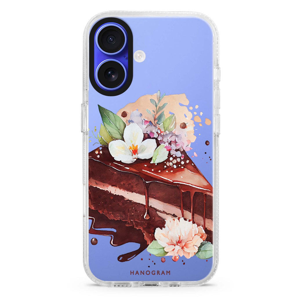 Floral Cake iPhone 16 and 16 Plus ultra clear case, transparent floral artwork, front product view