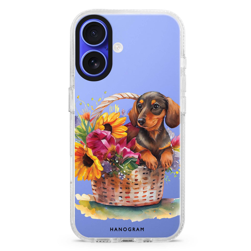Floral & Dog iPhone 16 and 16 Plus ultra clear case, transparent dog artwork, front product view