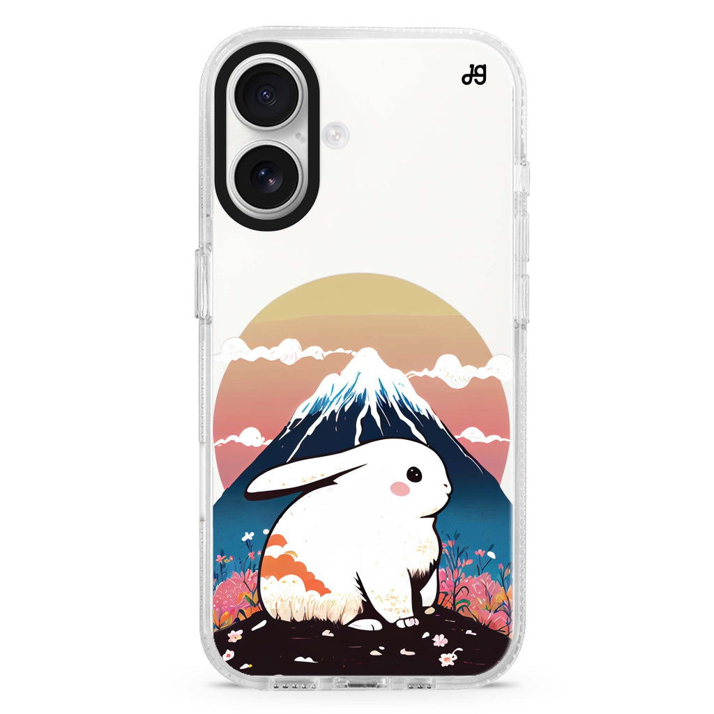 Travel Rabbit iPhone 16 and 16 Plus ultra clear case, transparent animal artwork, front product view