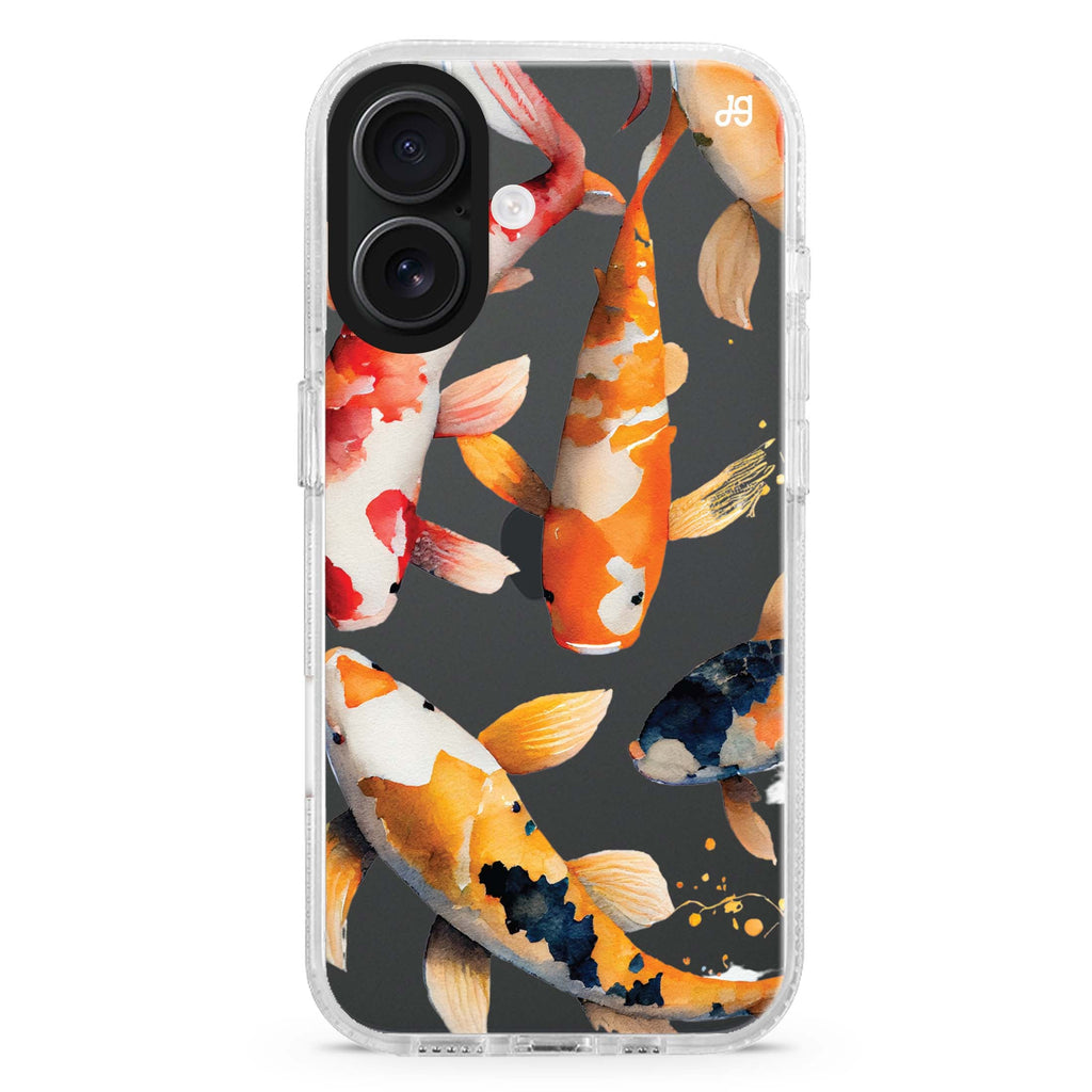 Koi fish iPhone 16 and 16 Plus ultra clear case, transparent graphic artwork, front product view