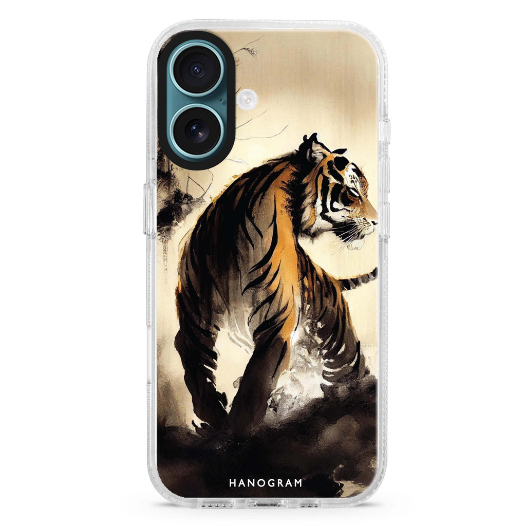 Tiger Painting iPhone 16 and 16 Plus ultra clear case, transparent artistic artwork, front product view