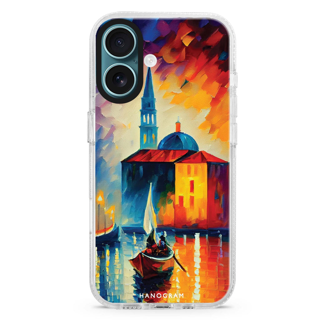 A Boat in Italy iPhone 16 and 16 Plus ultra clear case, transparent travel artwork, front product view