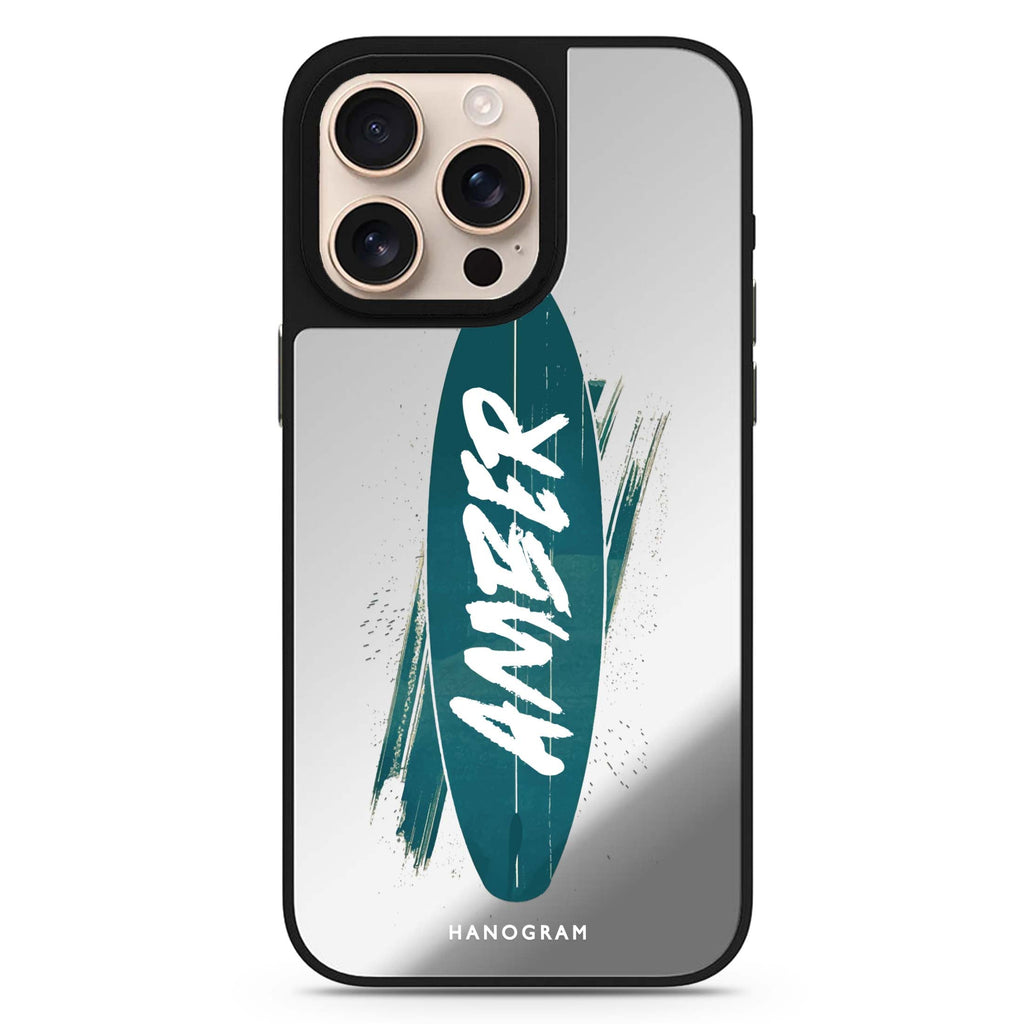Surf's Up personalized name sleek reflective design iPhone 16/15/14 Pro Max & Pro mirror case