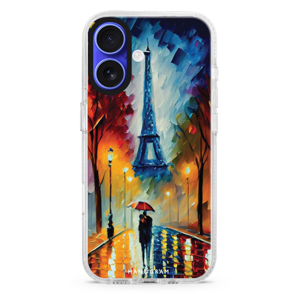 Romantic Paris iPhone 16 and 16 Plus ultra clear case, transparent travel artwork, front product view