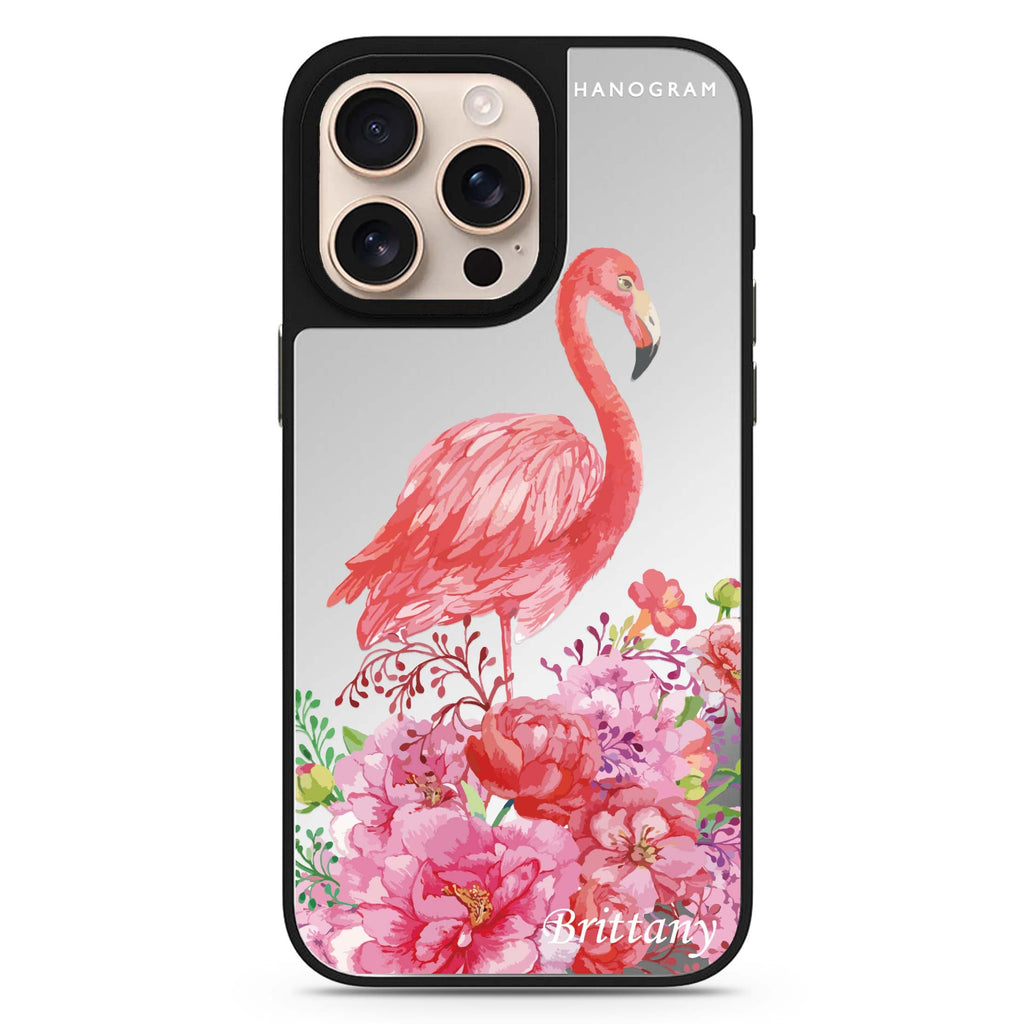 Flamingo & Flower personalized name floral design iPhone 16/15/14 Pro Max & Pro mirror case