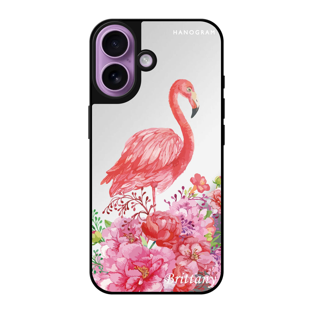 Reflective iPhone 16 Mirror Case –Flamingo & Flower Design