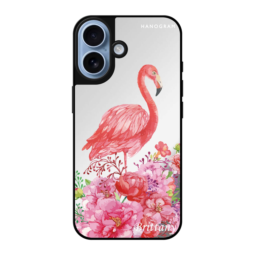 Reflective iPhone 16 Mirror Case –Flamingo & Flower Design