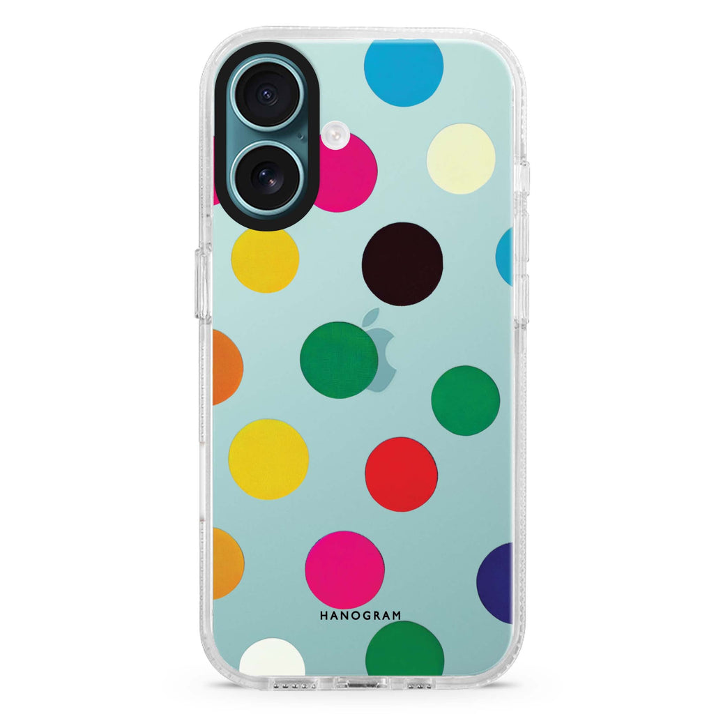 Polka Dot Pattern iPhone 16 and 16 Plus ultra clear case, transparent abstract pattern, front product view