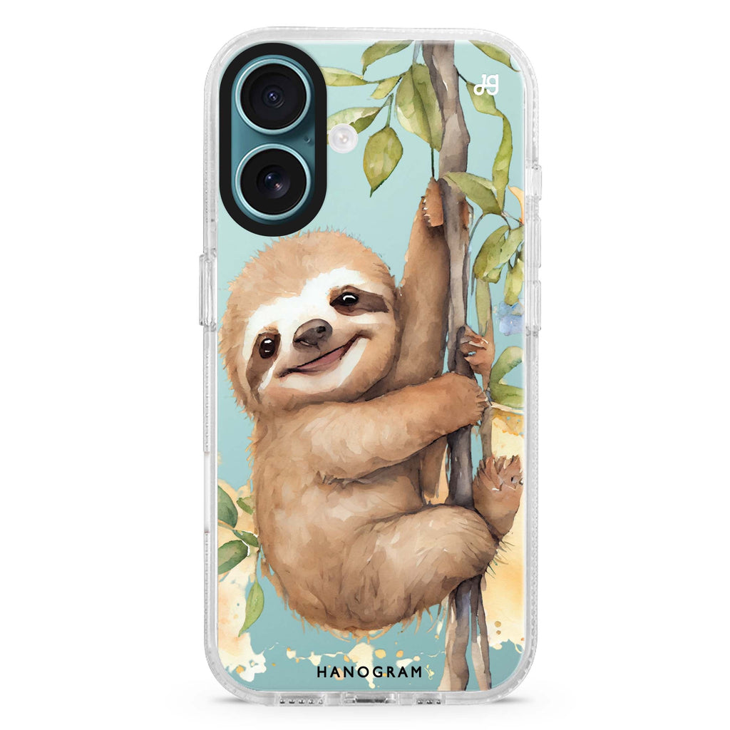 A Sloth iPhone 16 and 16 Plus ultra clear case, transparent graphic artwork, front product view