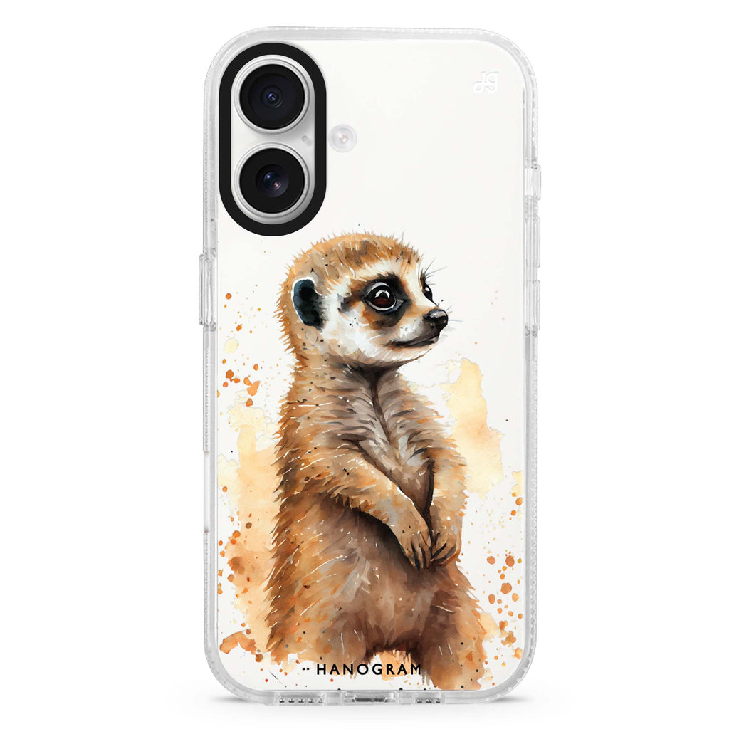 A Meerkat iPhone 16 and 16 Plus ultra clear case, transparent graphic artwork, front product view
