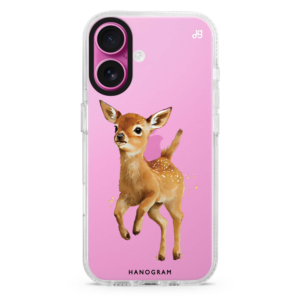 A Deer iPhone 16 and 16 Plus ultra clear case, transparent animal artwork, front product view