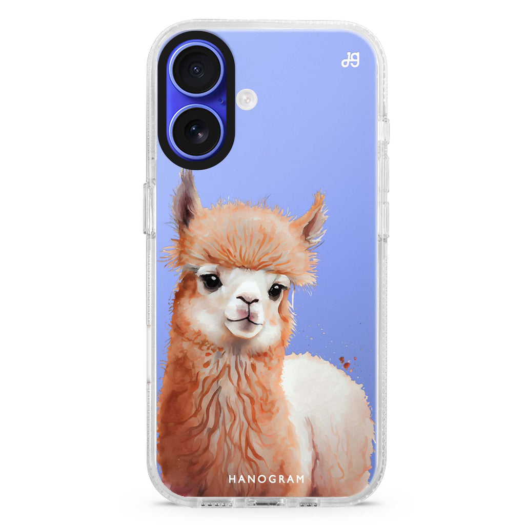A Alpaca iPhone 16 and 16 Plus ultra clear case, transparent animal artwork, front product view