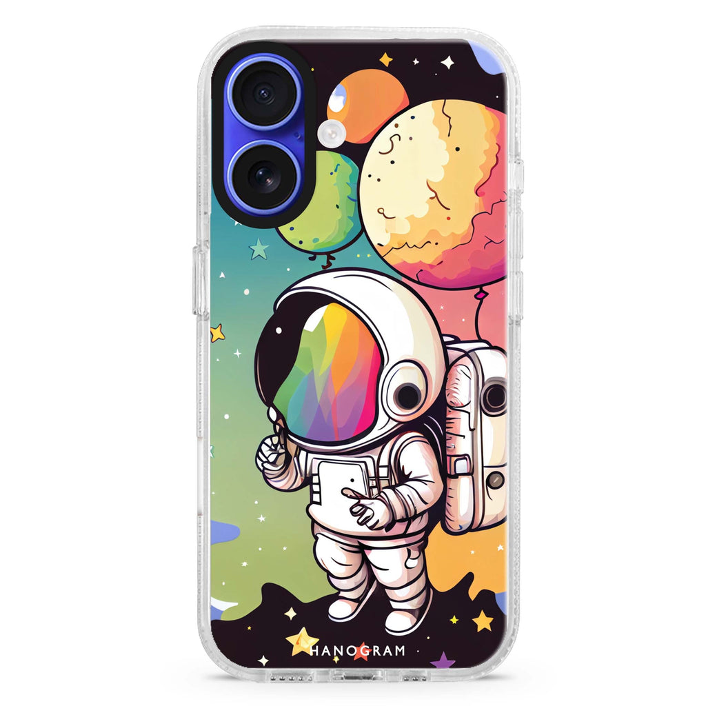Astronauts iPhone 16 and 16 Plus ultra clear case, transparent graphic artwork, front product view