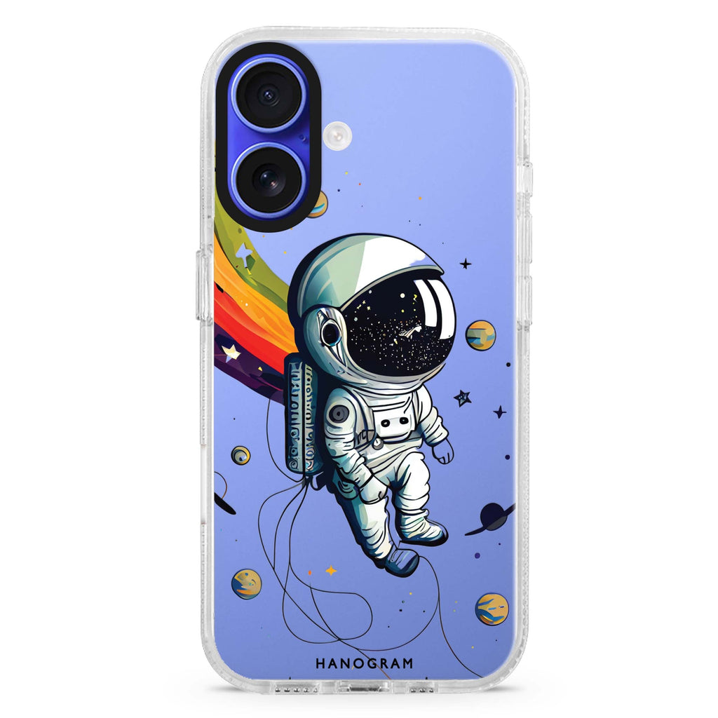 Astronaut in rainbow iPhone 16 and 16 Plus ultra clear case, transparent celestial artwork, front product view