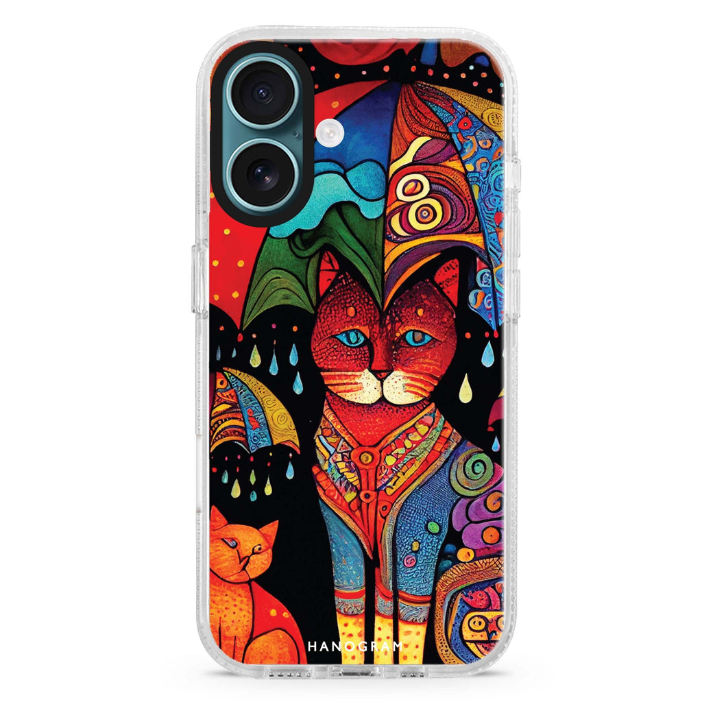 Raining Cat Style 2 iPhone 16 and 16 Plus ultra clear case, transparent cat artwork, front product view