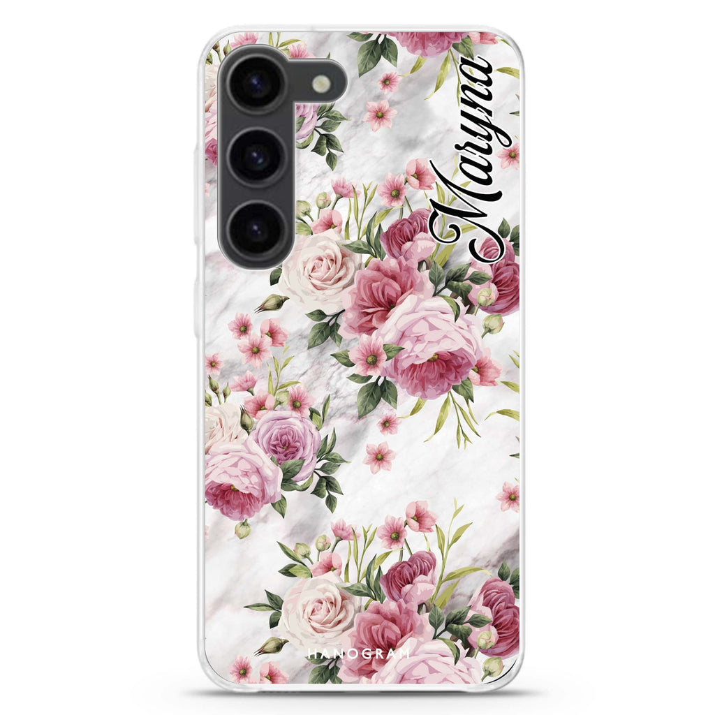 Marble and Pink Floral personalized ultra-clear case for Samsung Galaxy S23/S22, front view