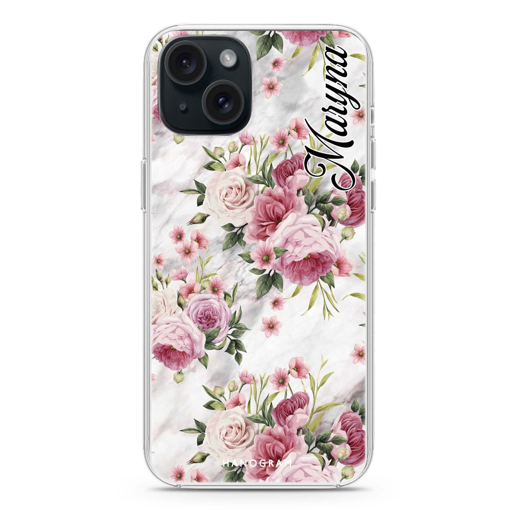 Marble and Pink Floral iPhone 15 plus Ultra Clear Case