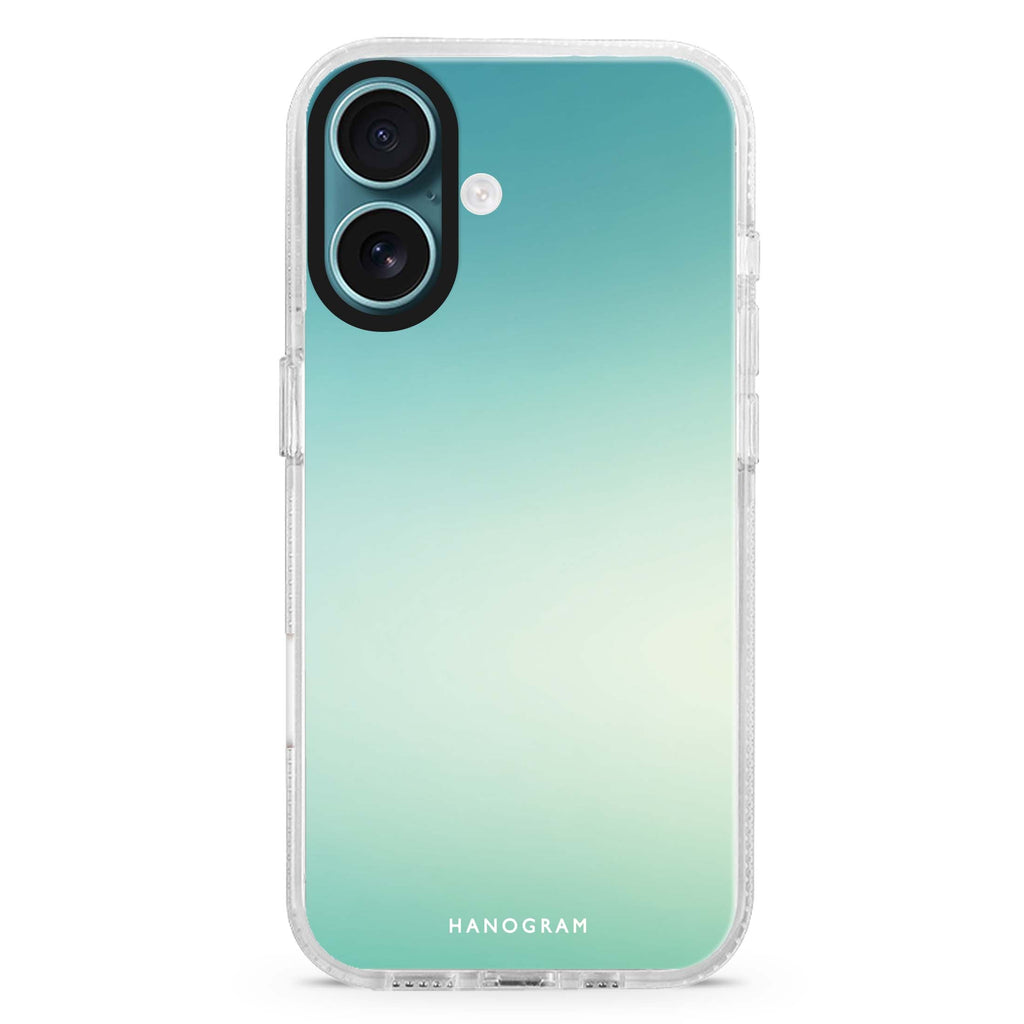 Aqua Haze iPhone 16 and 16 Plus ultra clear case, transparent graphic artwork, front product view