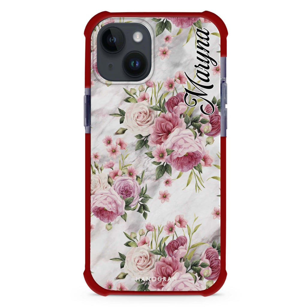 Marble and Pink Floral iPhone 15 Plus Ultra Shockproof Case