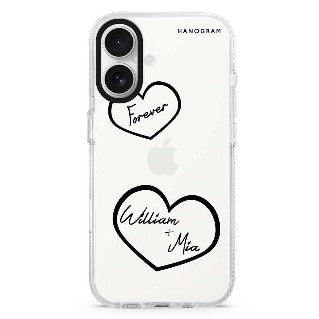 Sweet Heart II custom name iPhone 16 and 16 Plus ultra clear case, transparent artistic artwork, front product view