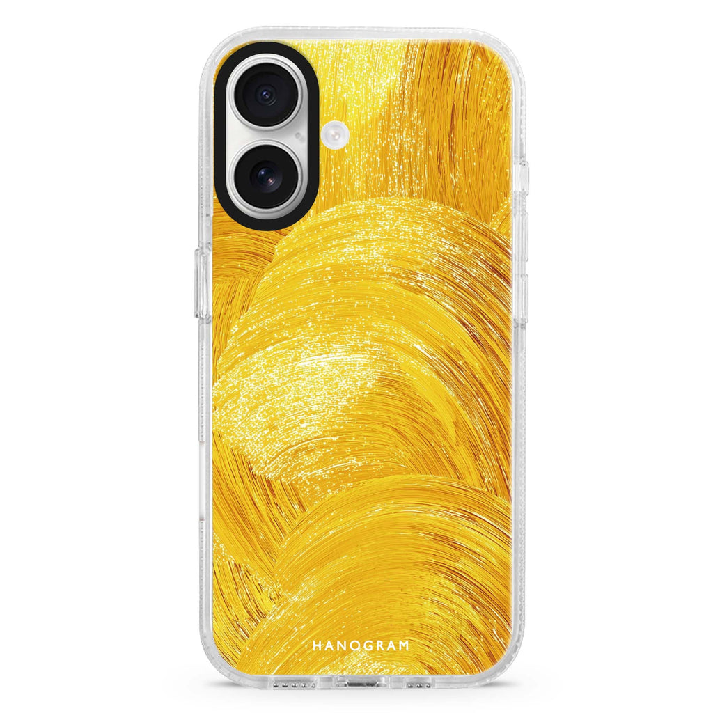 Golden Strokes iPhone 16 and 16 Plus ultra clear case, transparent graphic artwork, front product view