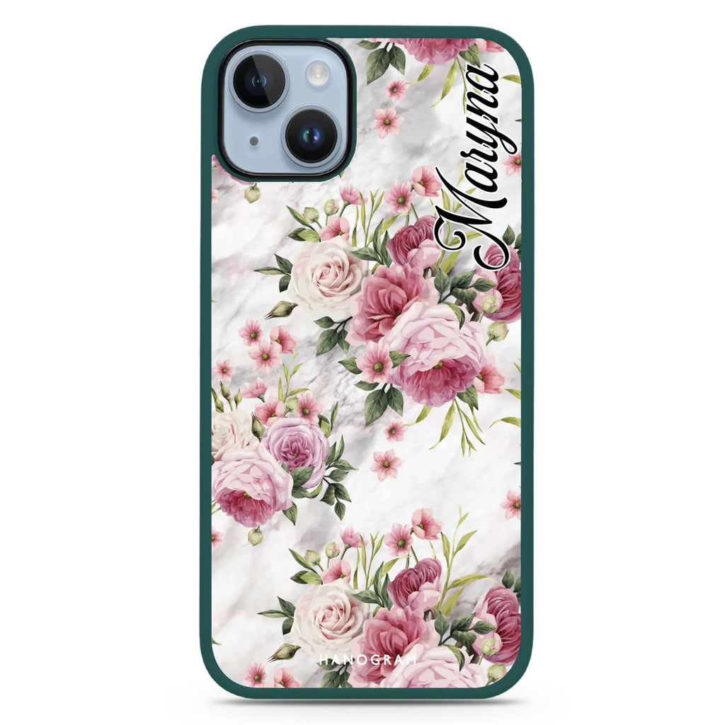Marble and Pink Floral iPhone 15 Impact Guard Bumper Case