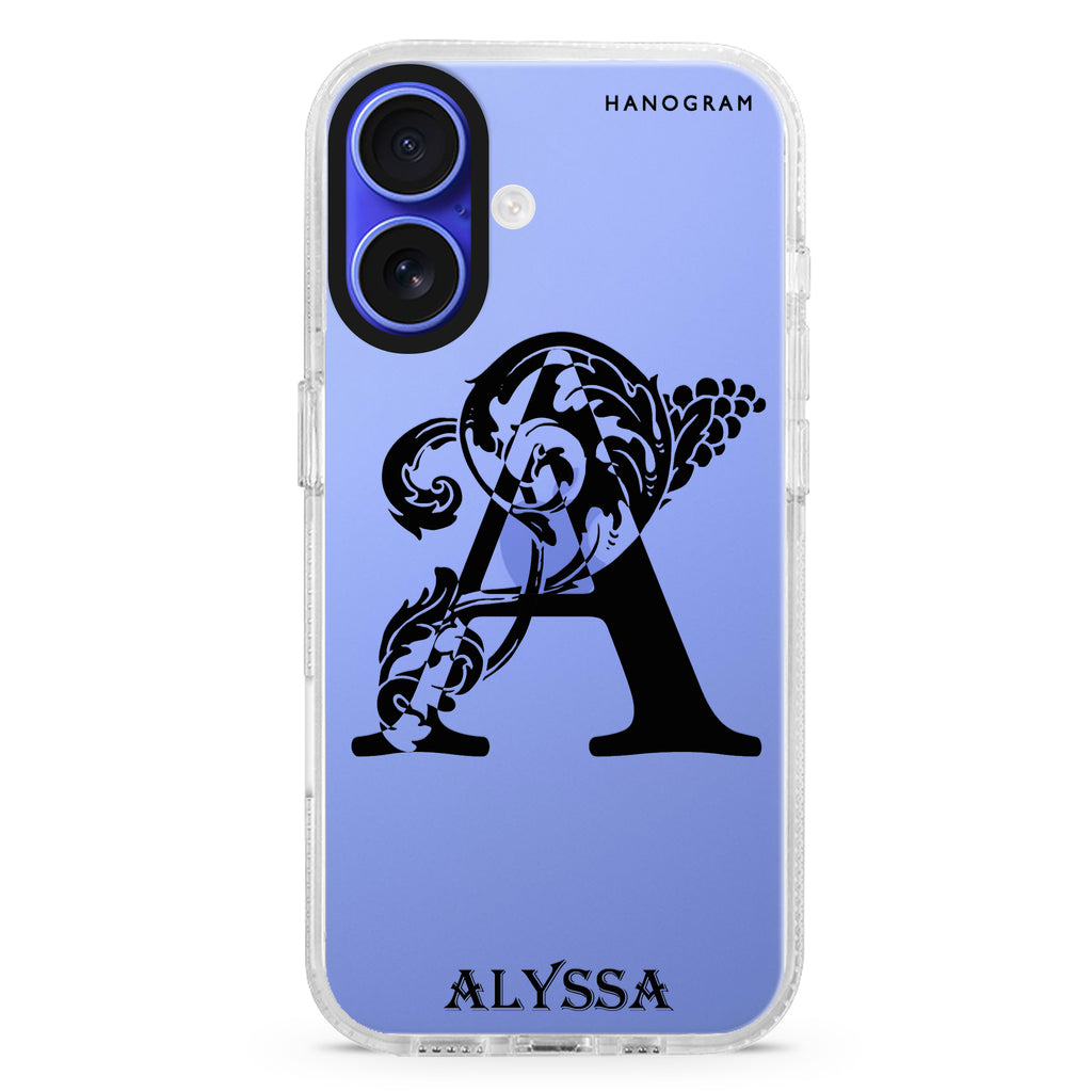 Ornamental Alphabet iPhone 16 and 16 Plus ultra clear case, transparent letter artwork, front product view