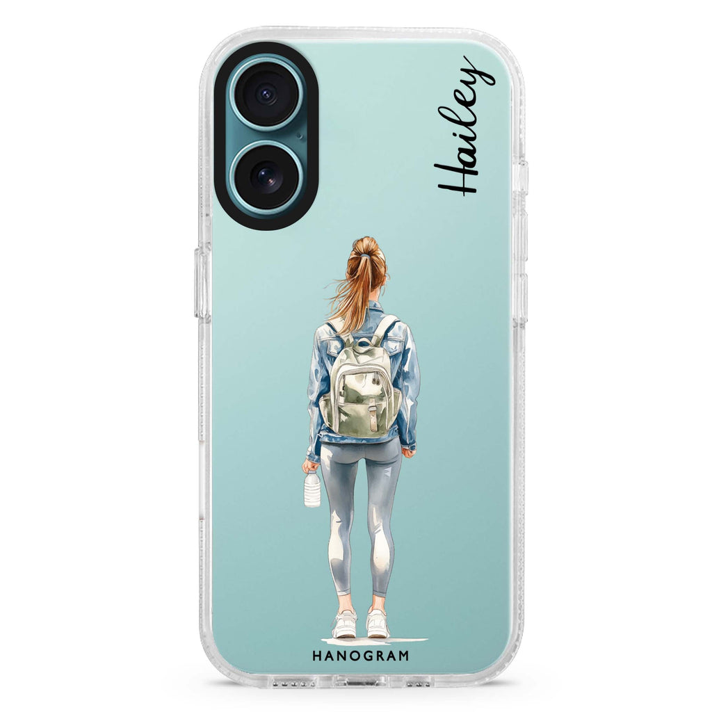 Weekend Flow custom name iPhone 16 and 16 Plus ultra clear case, transparent graphic artwork, front product view