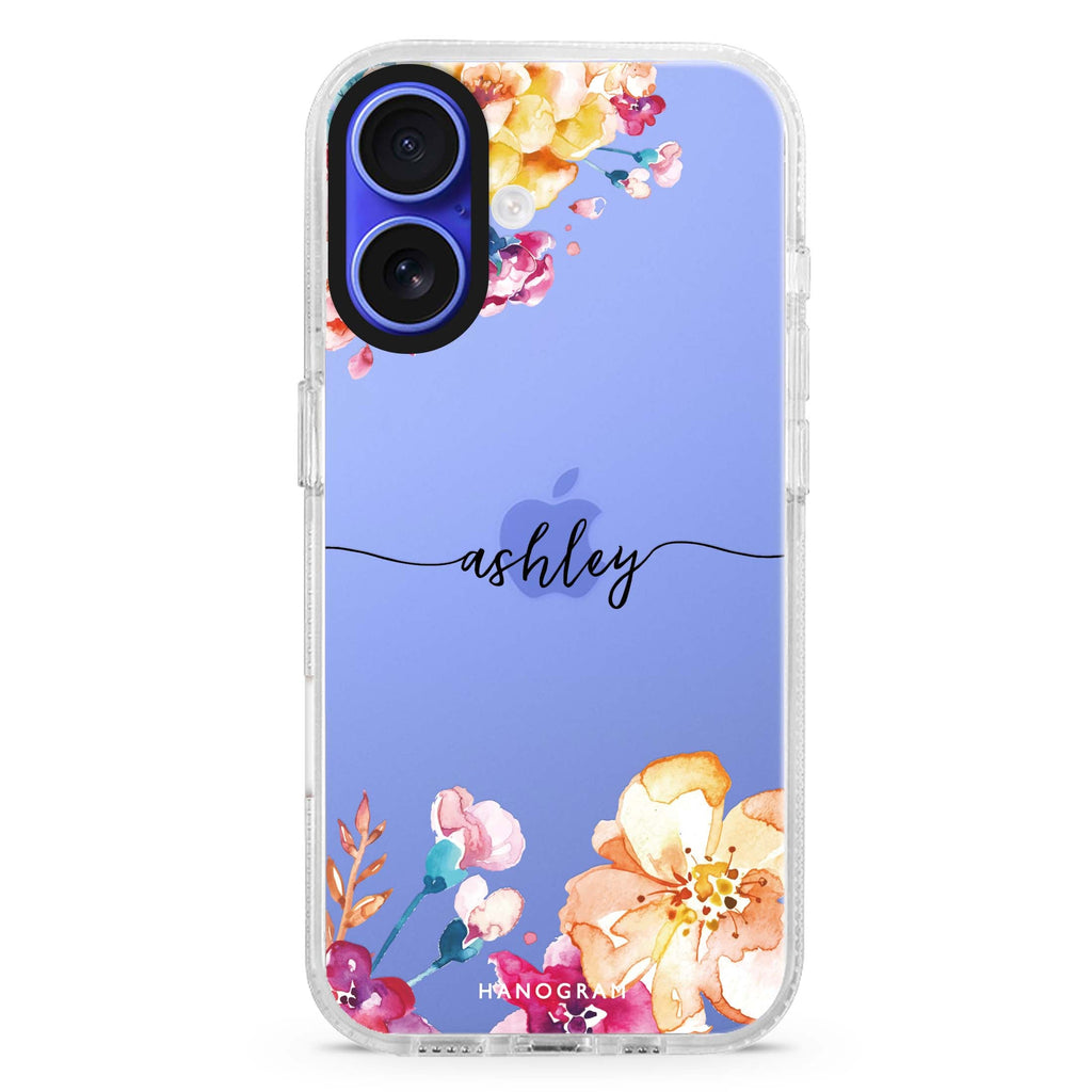 Art of Flowers custom name iPhone 16 and 16 Plus ultra clear case, transparent floral artwork, front product view