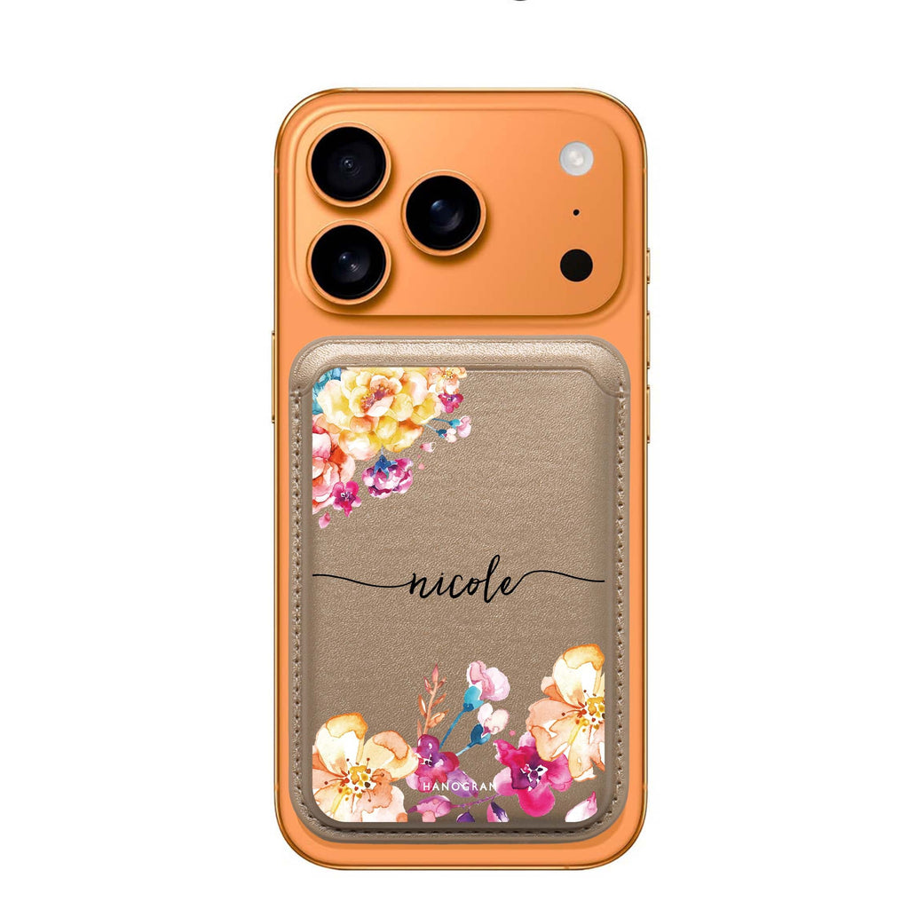 Art of Flowers custom name MagSafe wallet for iPhone, personalized magnetic card holder, main view