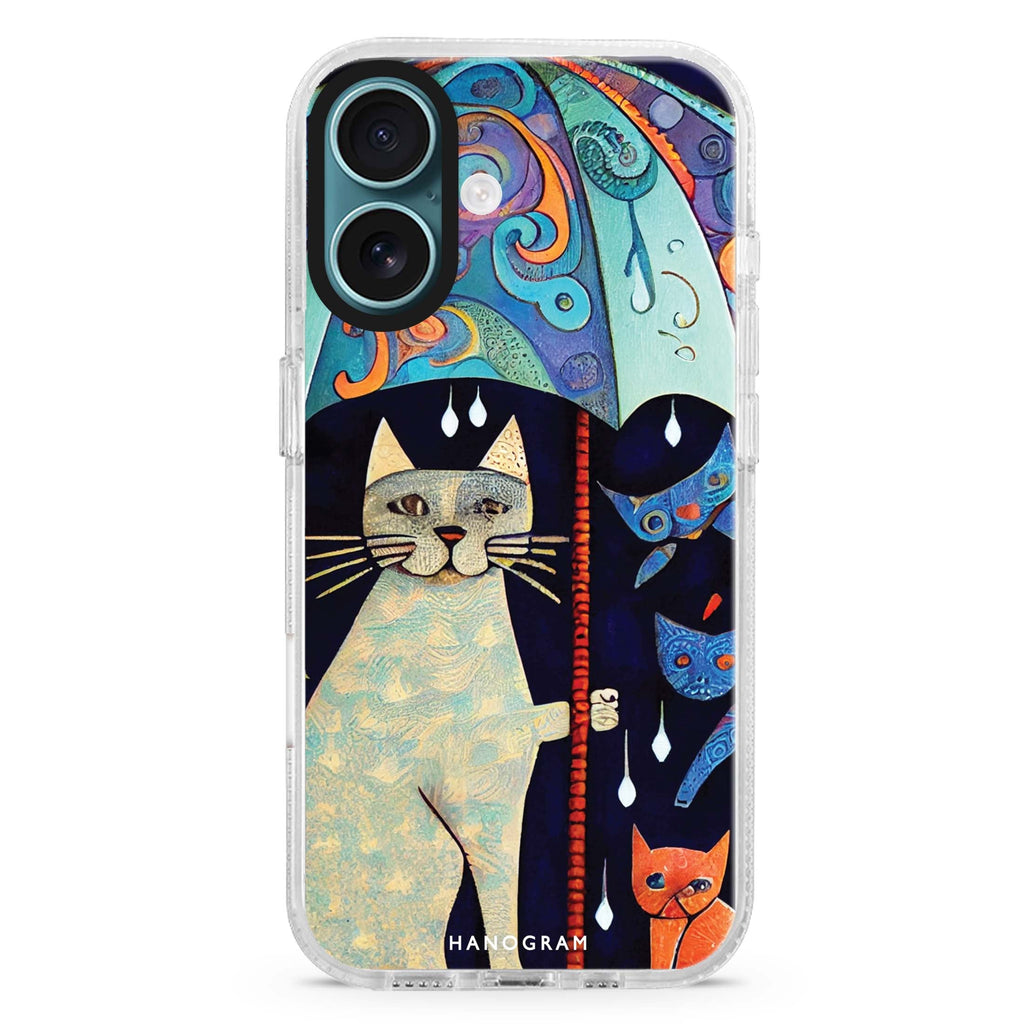 Raining Cat Style 3 iPhone 16 and 16 Plus ultra clear case, transparent cat artwork, front product view