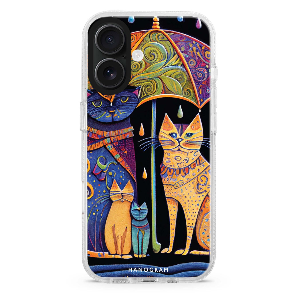 Raining Cat iPhone 16 and 16 Plus ultra clear case, transparent cat artwork, front product view