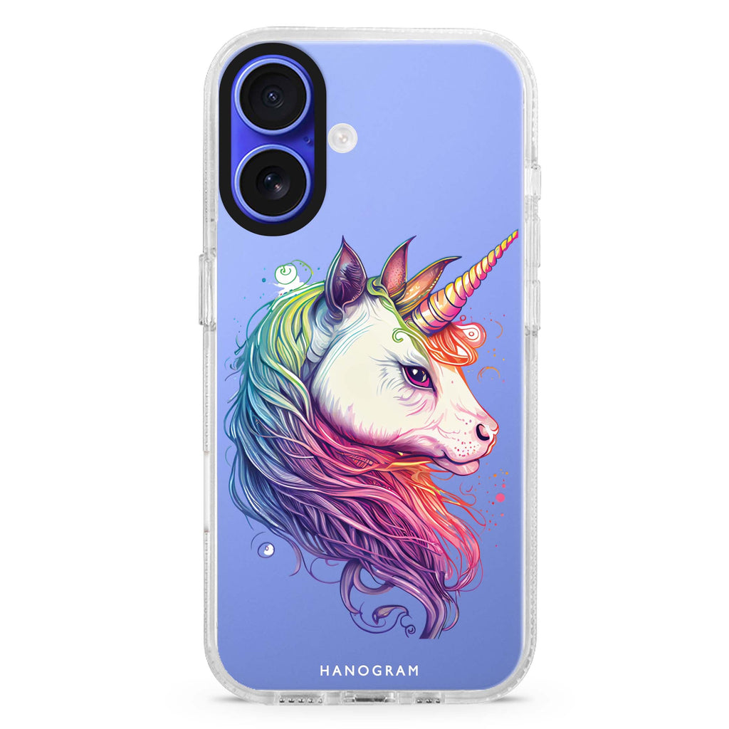 A unicorn iPhone 16 and 16 Plus ultra clear case, transparent graphic artwork, front product view