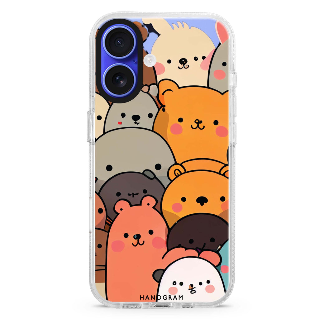 Cute animals iPhone 16 and 16 Plus ultra clear case, transparent graphic artwork, front product view