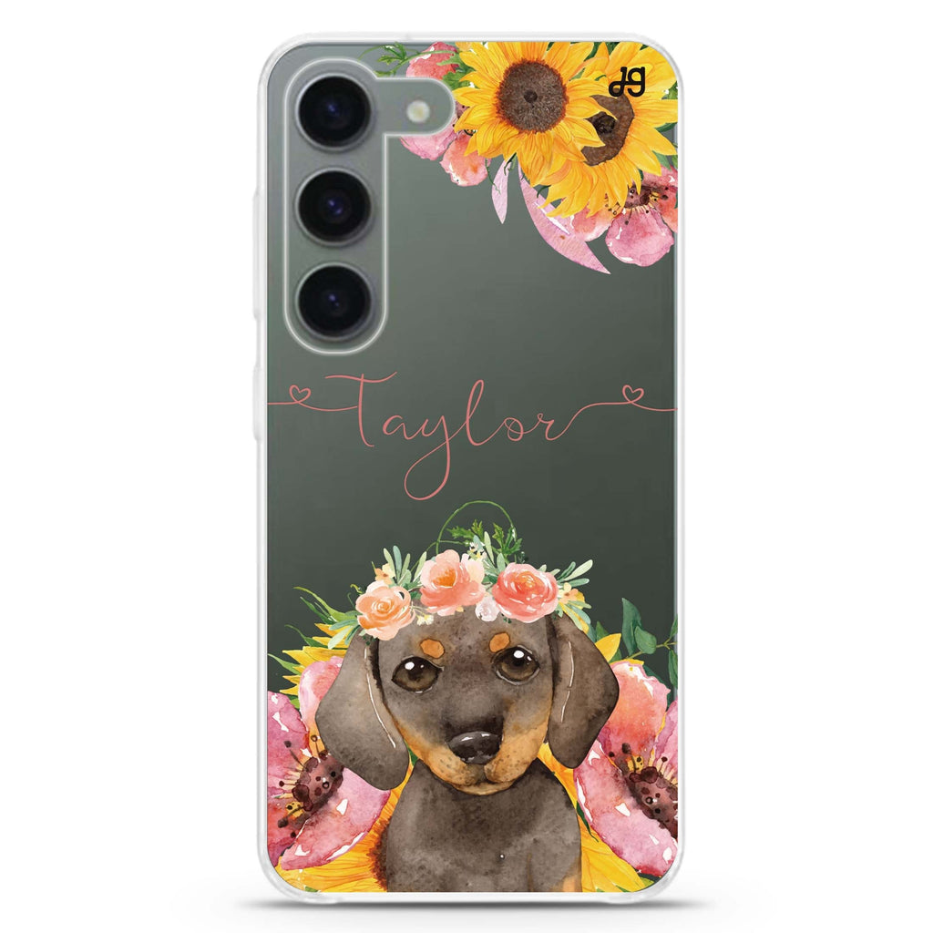 Sunflower Puppy personalized ultra-clear case for Samsung Galaxy S23/S22, front view