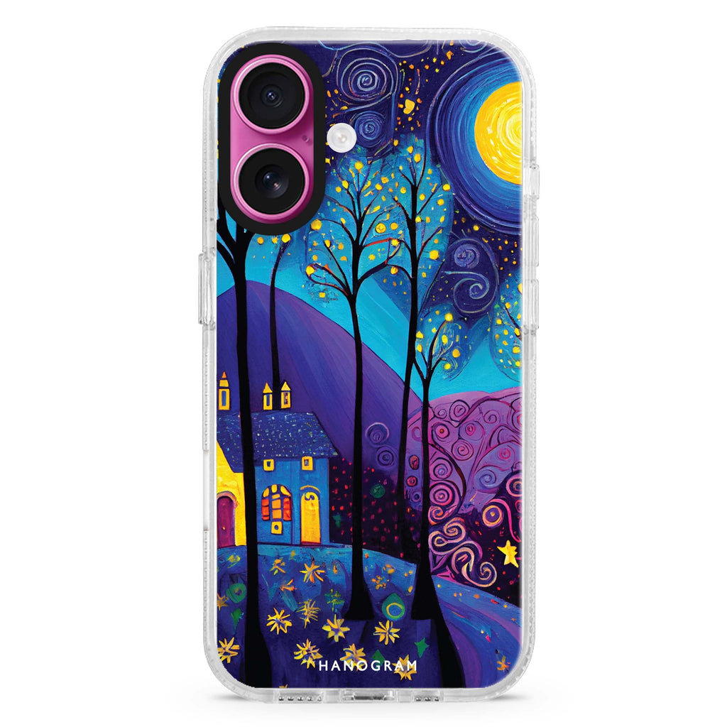 A night iPhone 16 and 16 Plus ultra clear case, transparent celestial artwork, front product view
