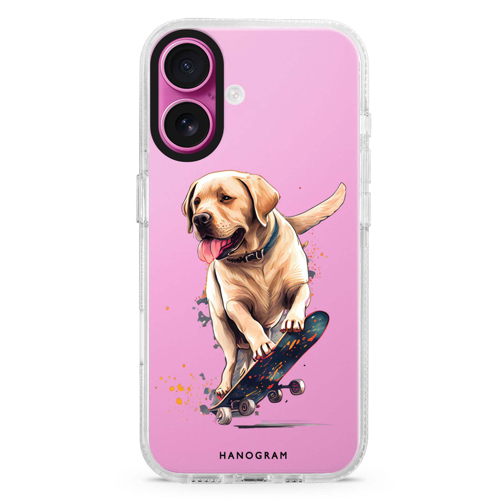 Dog on skateboard iPhone 16 and 16 Plus ultra clear case, transparent dog artwork, front product view