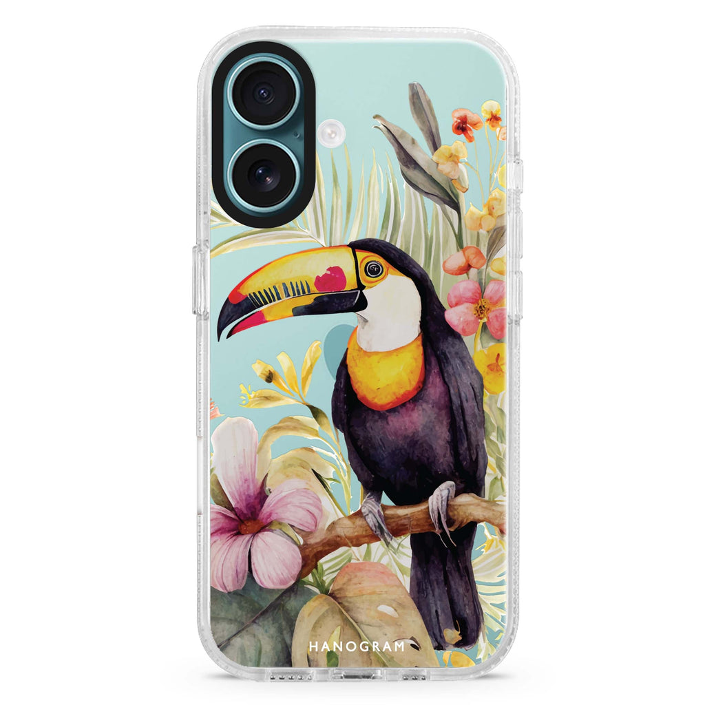 Tropical bird iPhone 16 and 16 Plus ultra clear case, transparent animal artwork, front product view